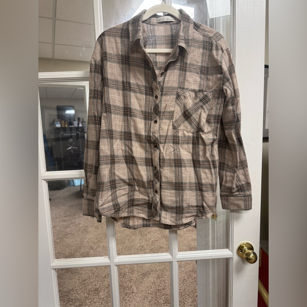 Plaid Button-Up Shirt Brown Medium Becool